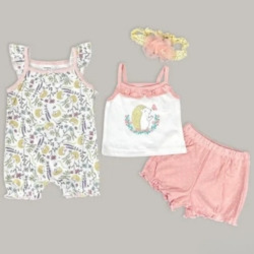 Sunnozy 4Pc Cotton Summer Baby Set (1x Bodysuit, 1x Vest, 1x Short, 1x Headband)